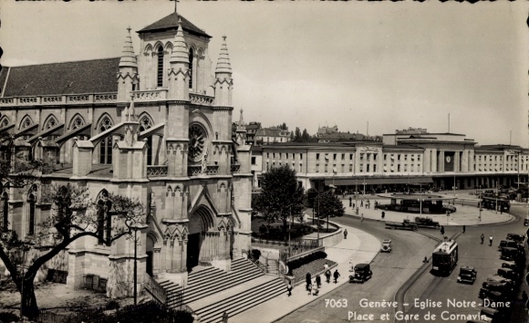 Postcard Geneva Geneva Switzerland, Church of Notre Dame, Place and Gare de Cornavin