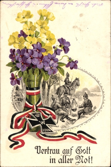 PC Trust in God in all times of need, German soldiers resting, Iron Cross, violets, WWI
