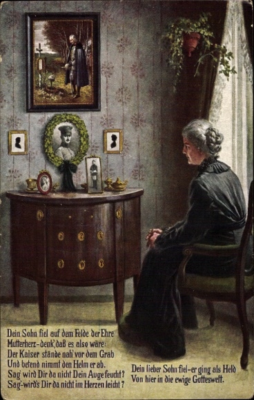 Artist Postcard Mother mourns her deceased son