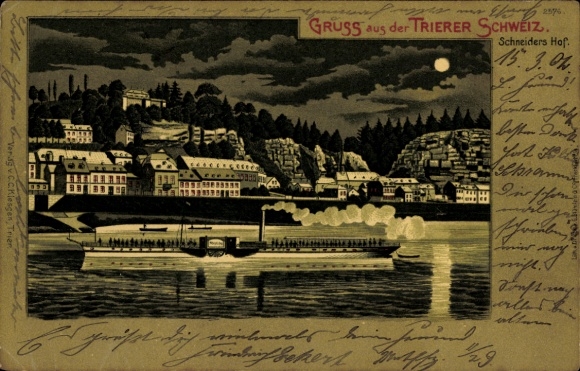 Mondschein Litho Trier an der Mosel, Schneiders Hof bei Nacht, Dampfer