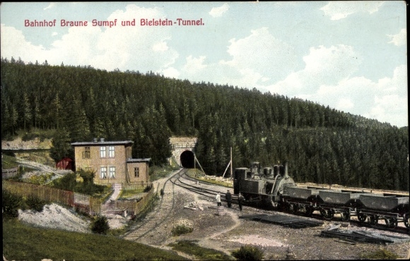 Postcard Blankenburg am Harz, Braune Marsh train station and Bielstein tunnel, Harz cog railway