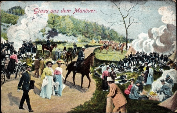 Postcard Greetings from the maneuvers, soldiers around the campfire, ladies on a walk