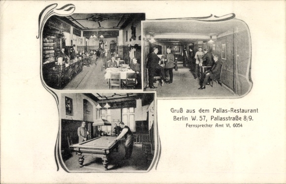 Postcard Berlin Schöneberg, Pallas-Restaurant, Pallasstraße 8/9, Billiards