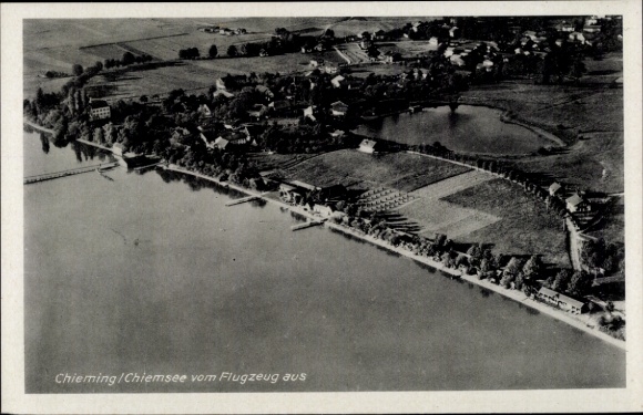 Postcard Chieming am Chiemsee Upper Bavaria, aerial view of Lake Chiemsee, surroundings with fields and buildings