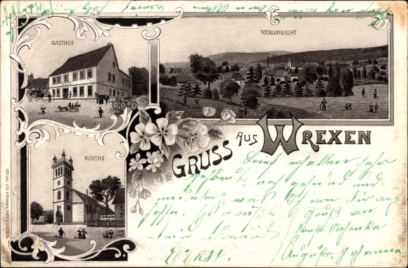 Chromo-Litho Wrexen Diemelstadt Waldeck Hesse, inn, church, general view