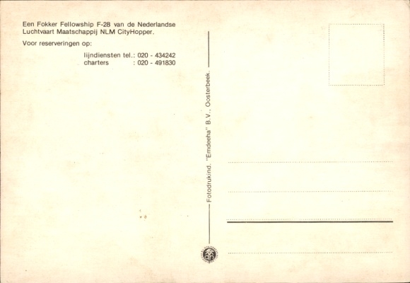 Postcard passenger aircraft Fokker Fellowship F-28, NLM City Hopper