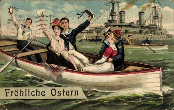 Ak Frohe Ostern, deutsche Seeleute mit Frauen, Kriegsschiff, Kaiserliche Marine