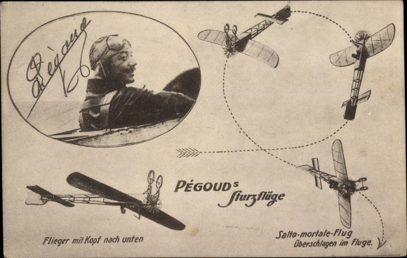 Postcard Pegoud&#39;s dives, somersault flight, aviation pioneer