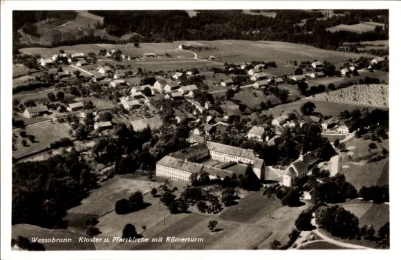 Postcard Wessobrunn in Upper Bavaria, monastery and parish church with Roman tower, aerial photograph