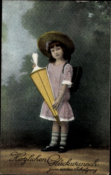 Postcard Congratulations on going to school, girl with candy cone