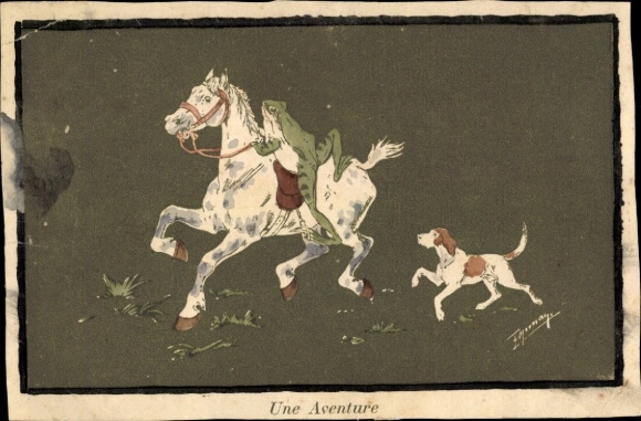 Artist Postcard frog riding on a horse, dog