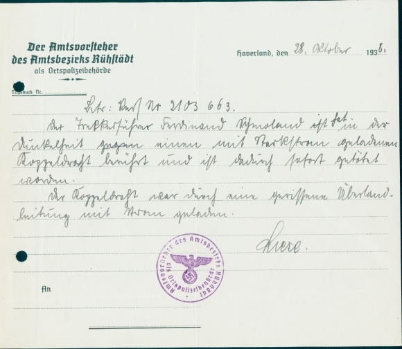 Sterbeurkunde, Schmoland, Trekkerfahrer, 28.Oktober 1938, Rühstädt in der Prignitz