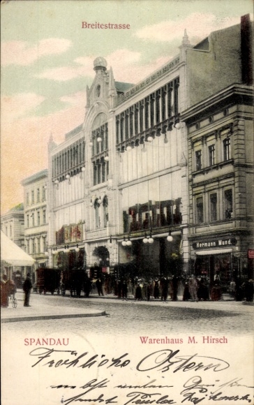 Postcard Berlin Spandau, Breitestraße, Department Store M. Hirsch, Shop Hermann Mund