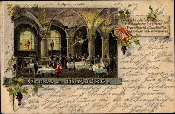 Ansichtkaart Hamburg Mitte Altstadt, Rathsweinkeller, binnenaanzicht, gedicht