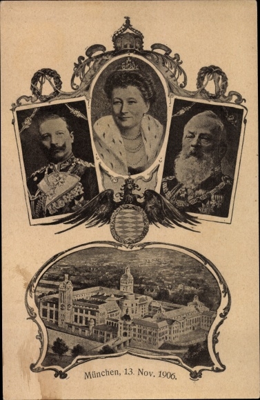 Postwaardestuk ansichtkaart München, Deutsches Museum, eerste steenlegging in 1906, keizerlijk paar, PP 8 C 1