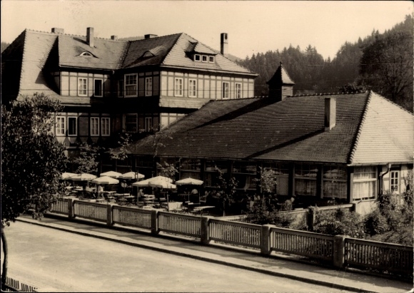 Ak Ehrenberg Altenburg in Thüringen, Historisches Hotel, Terrassen mit Sonnenschirmen, Naturkulis