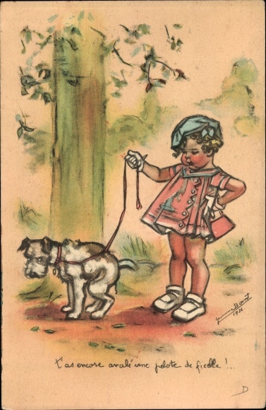 Artist PC Bouret, Germaine, girl goes for a walk with the dog