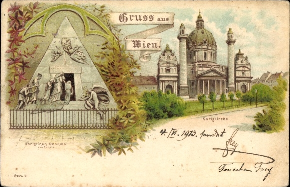 Litho Wien 4. Wieden Österreich, Karlskirche, Christinendenkmal von Canova