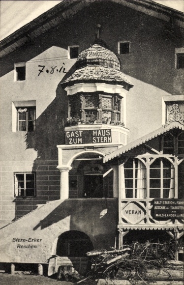 Postcard Reschen Resia South Tyrol, Star-Oriel, Gasthaus zum Stern