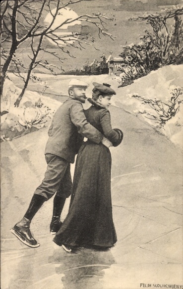 Postcard couple on skates