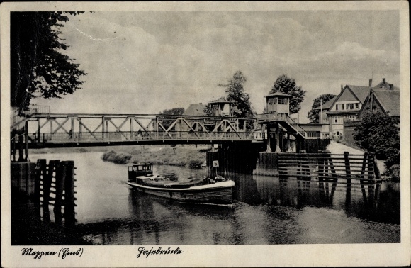 Ak Meppen im Emsland, Hasepartie mit Brücke, Lastkahn
