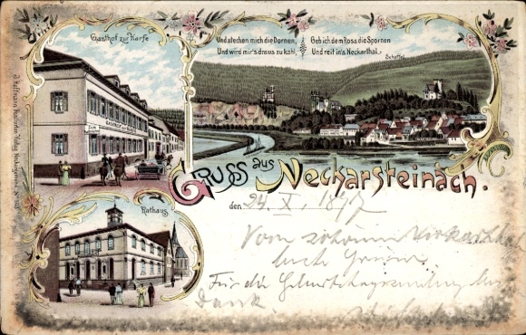 Litho Neckarsteinach Hessen, Gasthof zur Harfe, Rathaus, Gedicht Scheffel