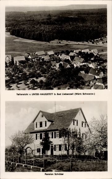 Postcard Unterhaugstett Bad Liebenzell in the Black Forest, partial view of Unter-Haugstett, Pension Schröte