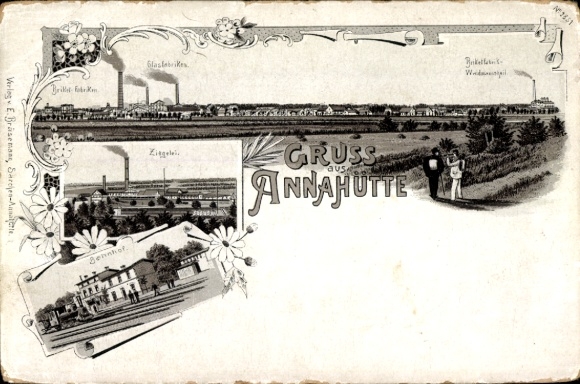 Chromo-Litho Särchen Annahütte Schipkau in Niederlausitz, train station, brickworks, glass factories