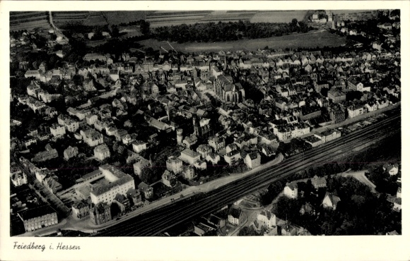 Postcard Friedberg in Hesse, aerial photograph of black and white, buildings, tracks, landscape