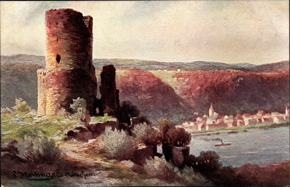 Artist PC Heilinger, castle ruins, view of the Rhine