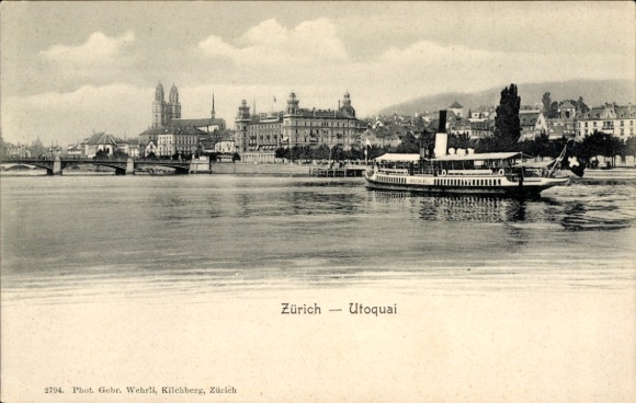 Ansichtkaart Zürich Stad Zwitserland, Utoquai, stoomboot
