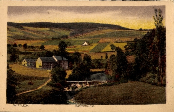 Postcard Wittlich in the Eifel, Bastenmühle, river, meadow, house, trees, field, hill