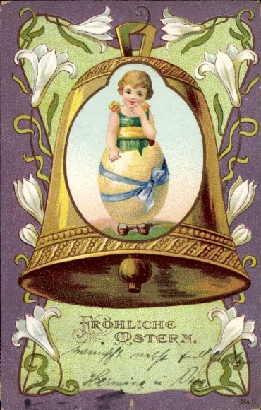Passepartout Litho Glückwunsch Ostern, Mädchen steigt aus einem Ei, Glocke