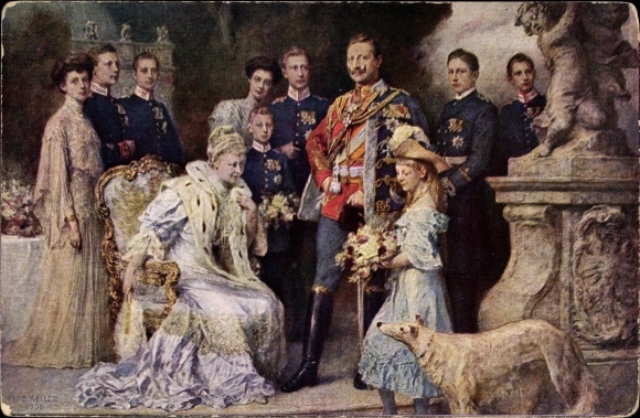 Künstler Ak Keller, F., Kaiserhaus, Wilhelm II, Kaiserin Auguste Viktoria, Kronprinz, Windhund