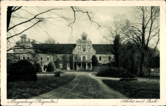 Postcard Meyenburg in the Prignitz, castle with park, historical architecture, trees, path