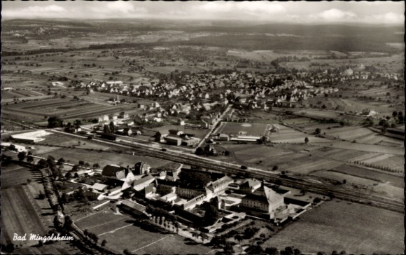 Postcard Bad Mingolsheim Bad Schönborn in Baden, aerial view of fields, houses, railway tracks, landscape