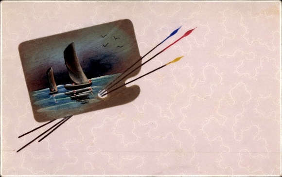 Passepartout artist Postcard sailboats, painter's palette, brush