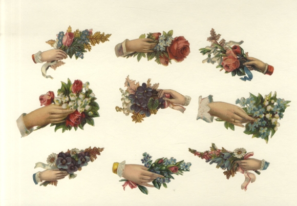 9 wafer hands with flower bouquets, each approx. 5.5 x 8.5 cm to 3.5 x 7 cm