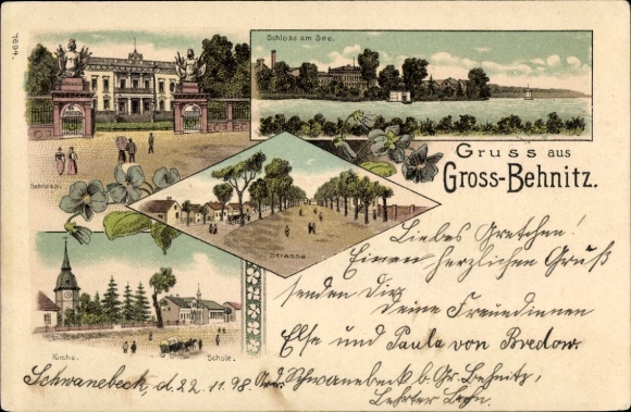 litho Groß Behnitz Nauen im Havelland, kasteel, meer, straat, kerk, school