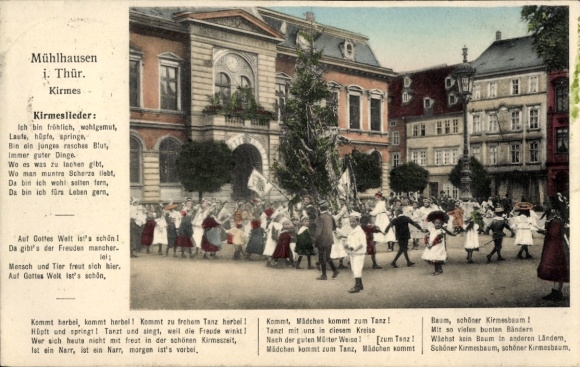 Postcard Mühlhausen in Thuringia, fair, happy people, dances, colorful ribbons, fair tree