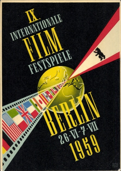 Postcard Berlin, IX. International Film Festival 1959, coat of arms, flags