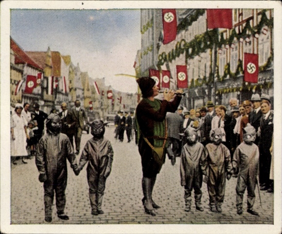 Verzamelaarsfoto De naoorlogse periode 224, oktober 1933, oude volksgebruiken komen tot leven, rattenvanger van Hamelen