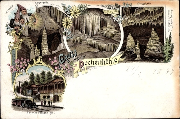 Litho Grüne Iserlohn im Märkischen Kreis, Dechenhöhle, Königshalle, Zwerge, Orgelgrotte, Bahnhof