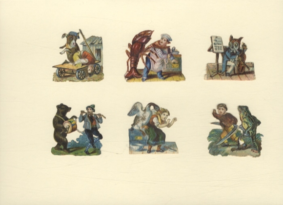 6 wafers "Upside Down World", ox as butcher, lobster as cook etc., each approx. 3.5 x 3.5 cm