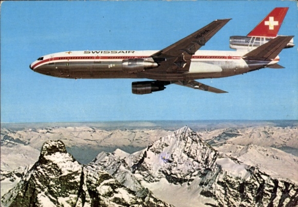 Postcard passenger aircraft Swissair DC-10, aircraft over the Alps