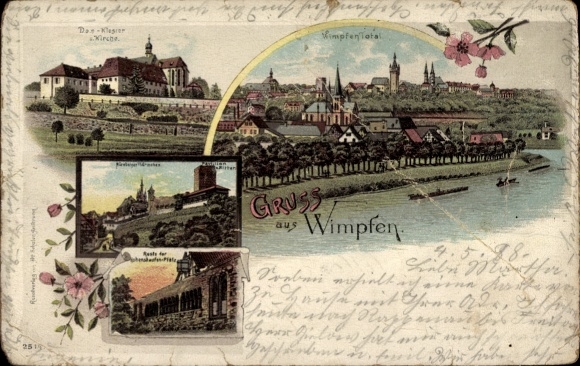Postcard Wimpfen am Berg Bad Wimpfen am Neckar, colored view of the town old buildings, flower frame