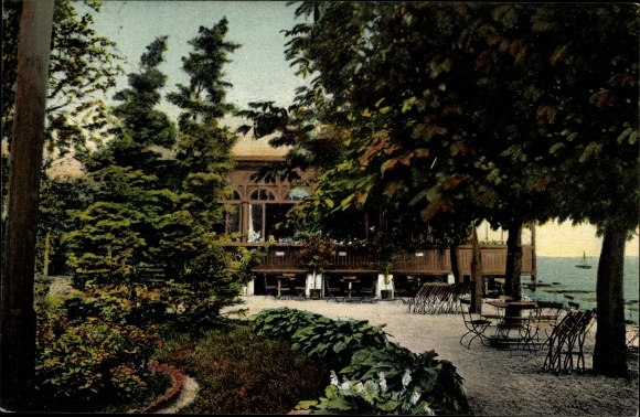 Postcard Brake on the Lower Weser, garden to Wilken&#39;s Hotel and view of the Weser