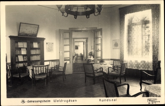 Postcard Waldrogäsen in Saxony Anhalt, convalescent home, round room, photo Müller
