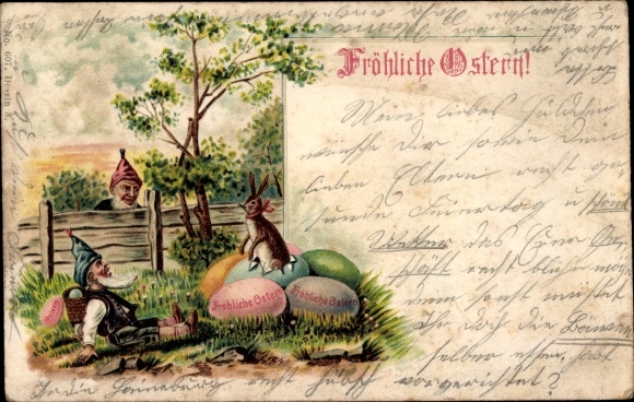 Litho Glückwunsch Ostern, Zwerge, Ostereier, Osterhase