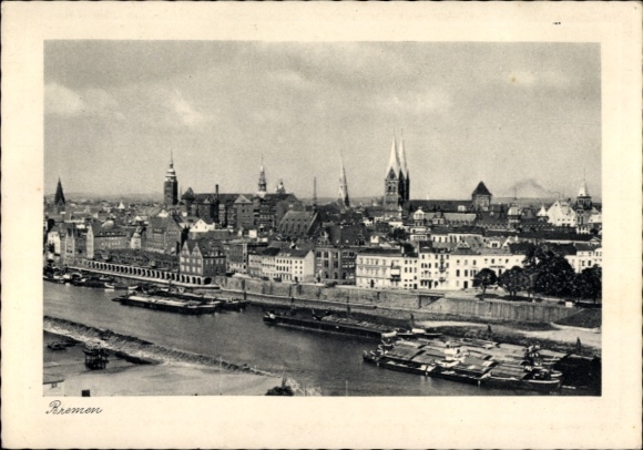 Postcard Hanseatic City of Bremen, city view of river and architecture, buildings